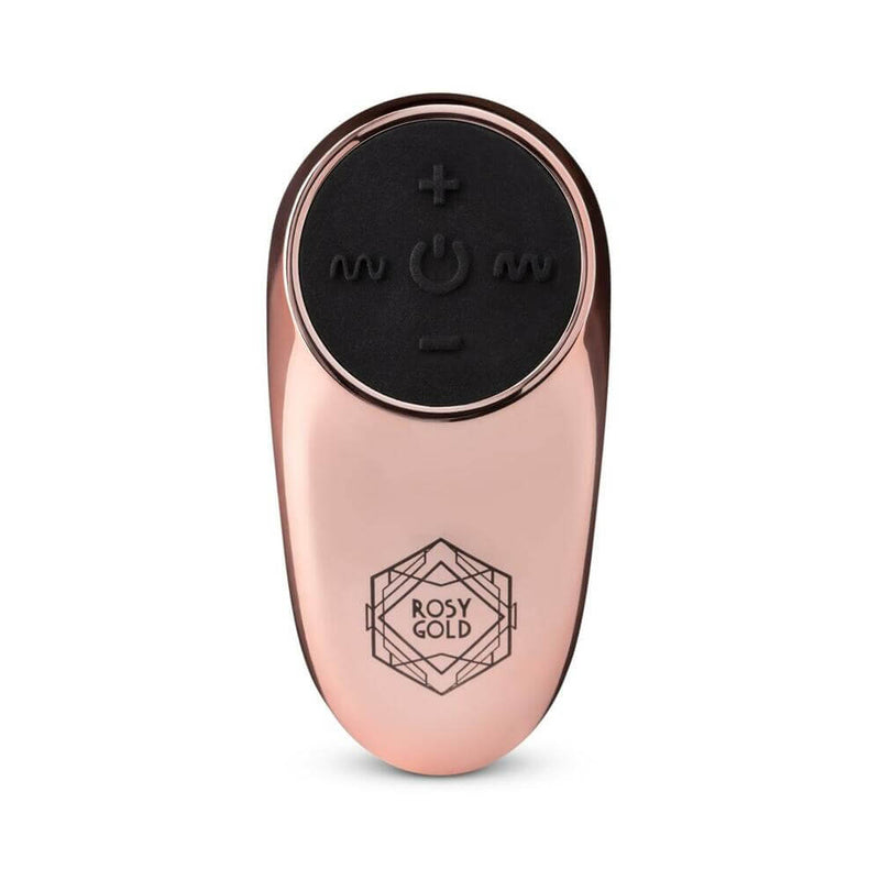 Rosy Gold Nouveau Vibrating Egg remote control with metallic finish for elegant stimulation.