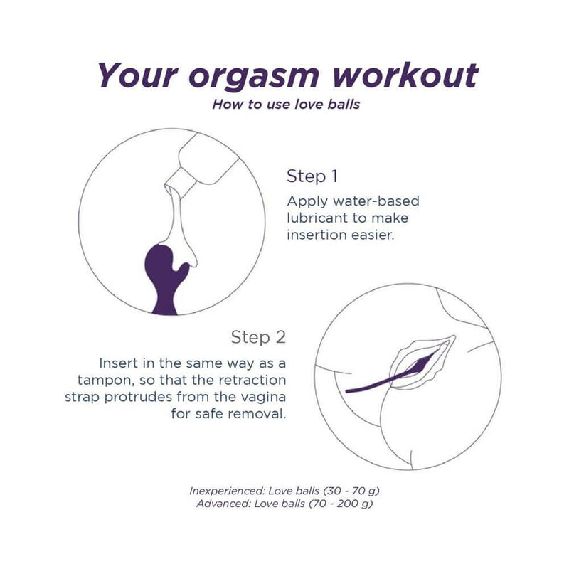 Instructional guide on using Rosy Gold Nouveau Ben Wa Balls for pleasure and pelvic floor strengthening.