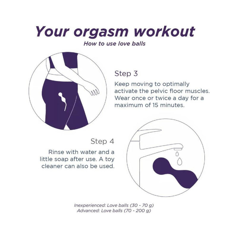 Instructions for using love balls, focusing on pelvic floor exercises and cleaning guidelines.
