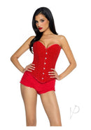 Leg Avenue Glitter Boned Lace-Up Corset Medium Red paired with ruffled shorts, showcasing a striking red and glittery design.