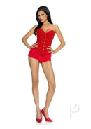 Leg Avenue Glitter Boned Lace-Up Corset Medium Red worn with ruffled shorts and red heels for a glamorous look.