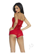 Leg Avenue Glitter Boned Corset with Lace-Up Back Small Red displayed from behind with ruffled shorts