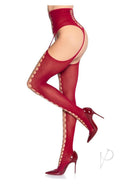 Leg Avenue Faux Lace-Up Garter Belt Stockings Burgundy showcasing a dramatic lace-up design and fitted waist cincher.