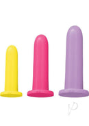 Rock Candy Beginner Silicone 3 Piece Dilator Set Multicolor displayed in yellow, pink, and purple silicone.