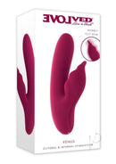 Evolved Venus Vibrator with Clitoral Stimulator Red packaging featuring a dual-action design and wobbly clit stim.