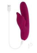 Evolved Venus Vibrator with Clitoral Stimulator Red, USB rechargeable with a curved shaft and seashell-shaped stimulator.