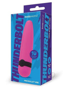 Bodywand Thunderbolt Rechargeable Mini Bullet Pink vibrator in colorful packaging with 10 vibration modes.