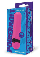 Bodywand Powerbolt Rechargeable Mini Bullet Pink vibrators packaging with ten vibration modes label.