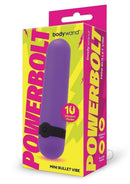 Bodywand Powerbolt Rechargeable Mini Bullet Purple packaging featuring a compact vibe with 10 vibration modes.