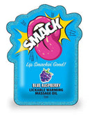 Smack Warming Massage Oil Blue Raspberry 3 ml packaging featuring vibrant colors and playful design.