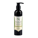 Earthly Body Miracle Oil Tea Tree Shave Cream 8 Oz in sleek black bottle with pump for easy application.