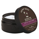 Earthly Body Hemp Seed Skin Butter Skinny Dip 8 Oz in a black jar with the lid open, showcasing creamy moisturizer.