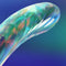 Close-up of the Biird Kalii Glass G spot Dildo displaying its elegant curves and shimmering finish.