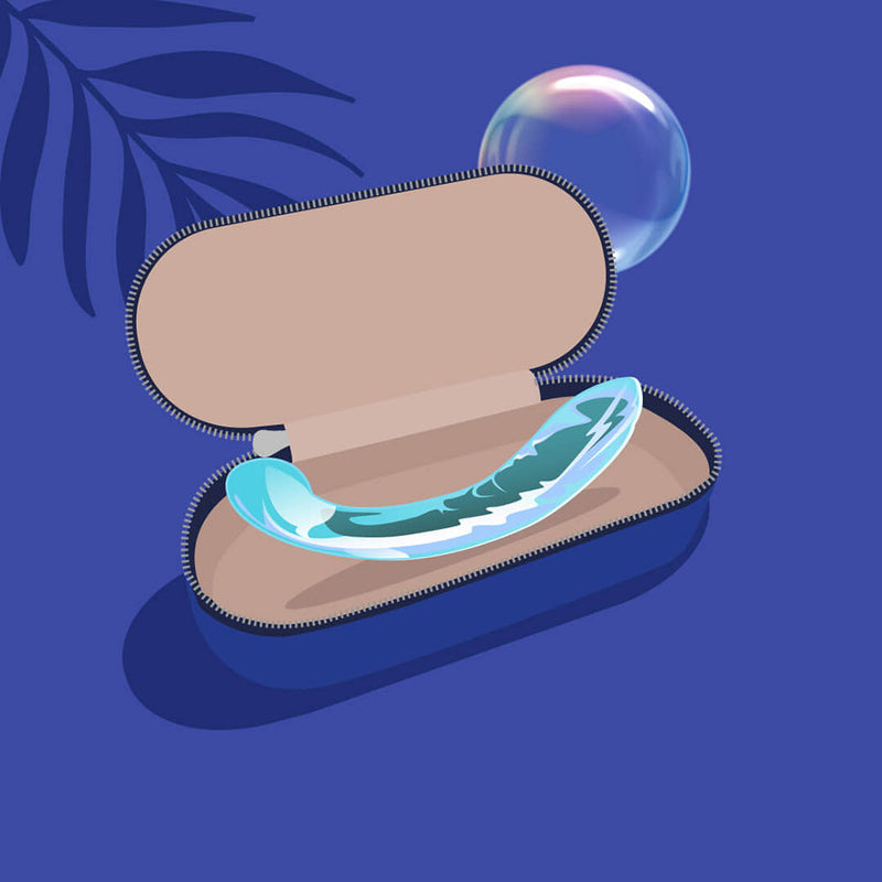 Biird Kalii Glass G spot Dildo elegantly displayed in a protective case with a bubble in the background.