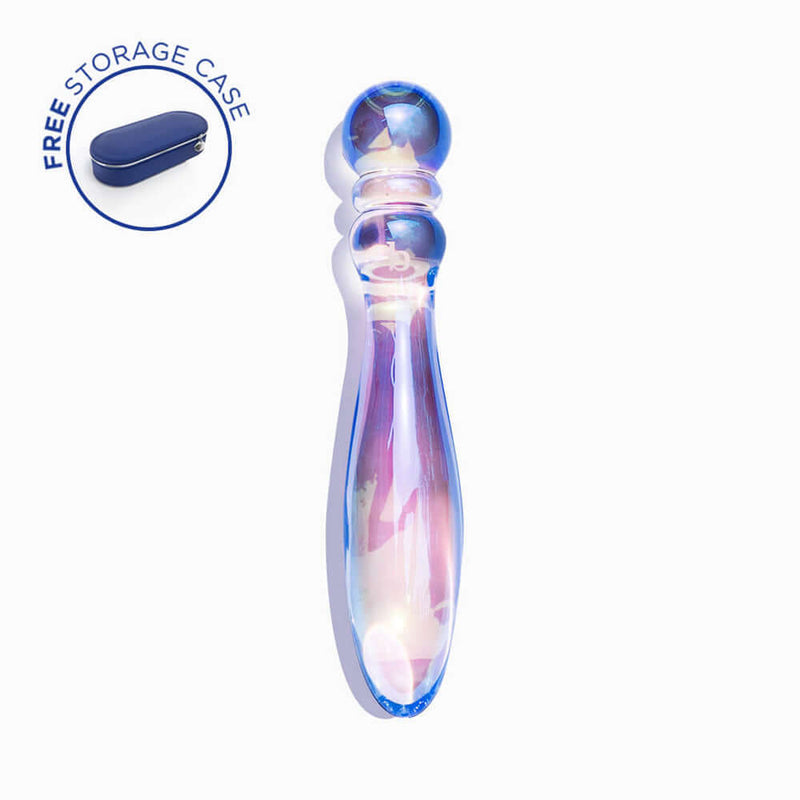Biird Cecii Beaded Glass Dildo with free storage case, showcasing its elegant design and premium glass material.
