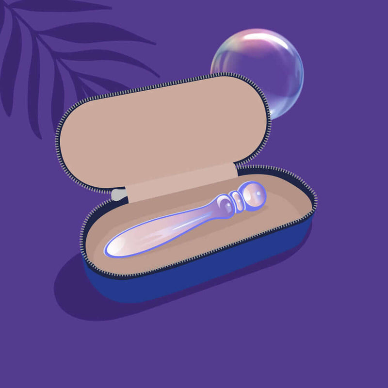 Biird Cecii Beaded Glass Dildo inside a zipped case, highlighting its elegant design and luxurious feel.