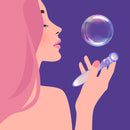 A woman with pink hair holding the Biird Cecii Beaded Glass Dildo, admiring a bubble, against a purple background.