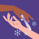 Biird Cecii Beaded Glass Dildo held by diverse hands against a purple background with snowflakes.