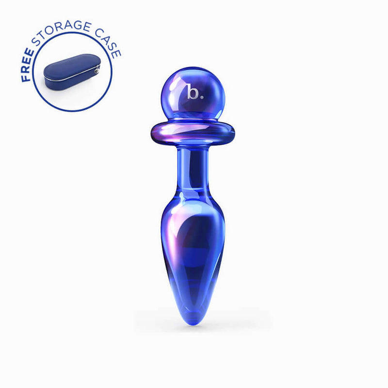 Biird Anii Glass Anal Plug Blue with free storage case, handcrafted from hypoallergenic borosilicate glass.