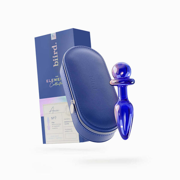 Biird Anii Glass Anal Plug Blue next to its packaging in a sleek blue case.