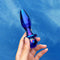 Biird Anii Glass Anal Plug Blue held in hand against a blue sky background, showcasing its elegant design.