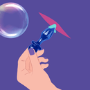 A hand holding the Biird Anii Glass Anal Plug Blue with a bubble floating in the background.