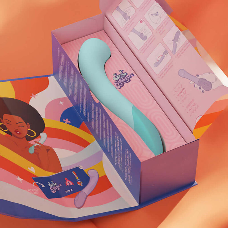 Biird Gii G-spot Vibrator Mint displayed in colorful packaging with instructions.