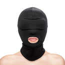 Hustler Taboo Mouth Hood Black worn by model, designed for sensory deprivation and heightened anticipation.