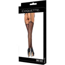 Coquette Sheer Dot Mesh Stockings Black One Size displayed with polka-dot design and stylish high heels.