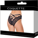 Coquette Open Back Bow Panty Black Large packaging with alluring lace and strappy details.