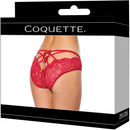 Coquette Open Back Bow Panty Red Medium displayed in elegant packaging, featuring intricate lace and strappy design.