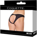 Coquette Knit Open Back Panty Black One Size showcased in packaging with flirty open-back design.