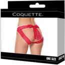 Coquette Lace Crotchless Panty Red One Size with scallop lace and bow details for a playful evening look.