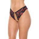 Coquette Heart Lace Crotchless Panty Black One Size showcasing playful heart-print scallop lace.