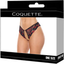 Coquette Heart Lace Crotchless Panty Black One Size displayed in packaging with heart-print scallop stretch lace.