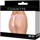 Coquette Petal Kiss Open-back Panty Pink One Size packaging featuring a delicate pink lace design with a bow.
