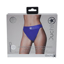 Ouch Vibrating Strap-On Panty Harness Royal Blue XS/S packaging display with product details and design.