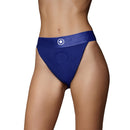 Ouch Vibrating Strap-On Panty Harness Royal Blue XS/S displayed on a model's lower body.