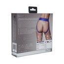 Ouch Vibrating Strap-On Panty Harness Royal Blue XS/S product packaging showcasing its features and design.