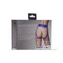 Ouch Vibrating Strap-On Panty Harness Royal Blue XS/S packaging back view with product details and design.