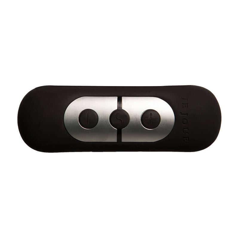 Je Joue Onyx Vibrating Butt Plug Black remote control with buttons for adjusting settings.