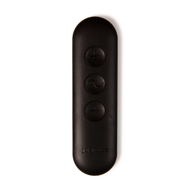 Je Joue Onyx Vibrating Butt Plug Black remote control with three buttons for adjustable settings.