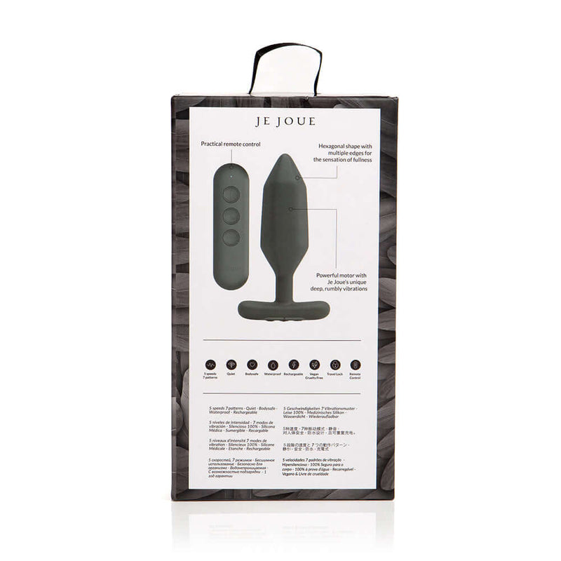 Packaging of Je Joue Onyx Vibrating Butt Plug Black with remote control details and usage instructions.