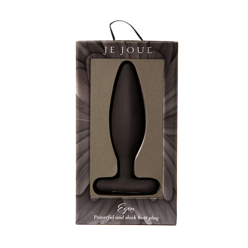 Je Joue Egon Vibrating Butt Plug Black in elegant packaging showcasing its sleek design and features.