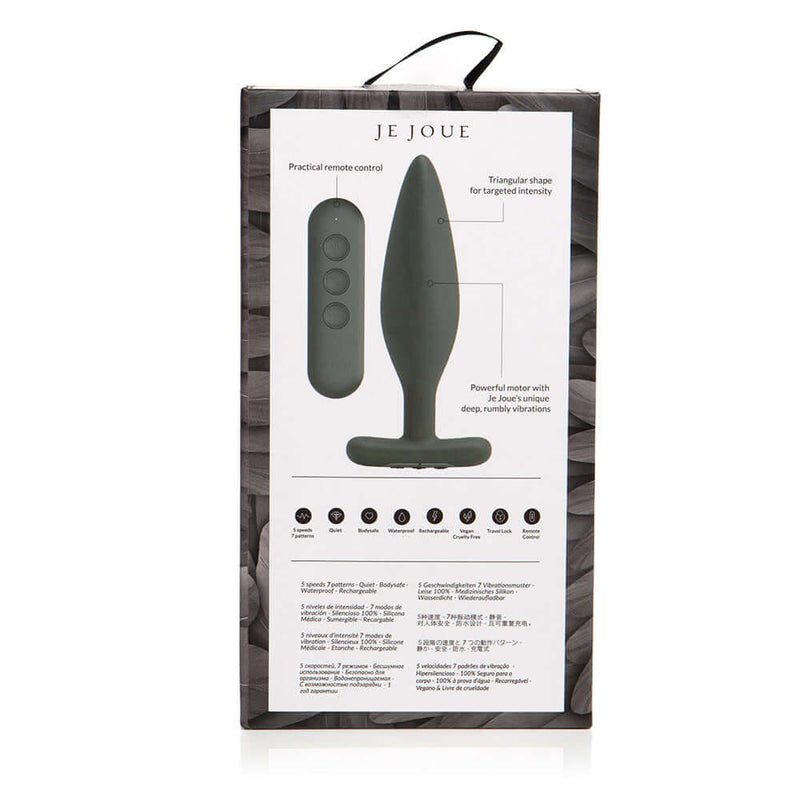Je Joue Egon Vibrating Butt Plug Black packaging with remote control and product features outline.