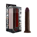 Shaft Model J 9.5 inch Dual Density Silicone Dildo Mahogany in packaging next to the product.