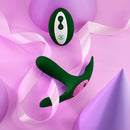 FemmeFunn Ossia Wearable Bullet Vibrator Dark Green on a pink background with ribbons.