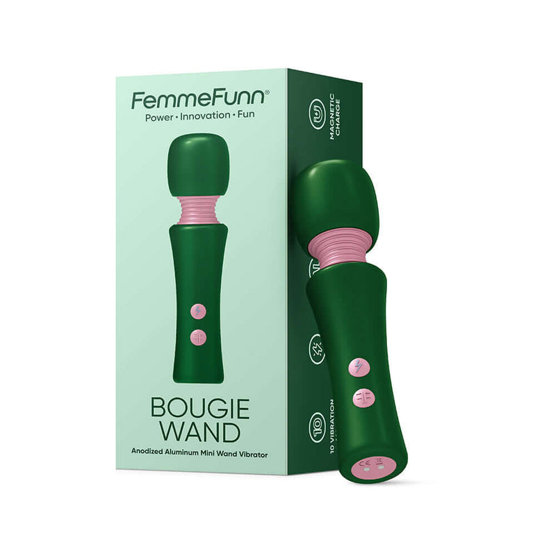FemmeFunn Bougie Wand Massager Green packaging with sleek design and buttons, showcasing luxury and performance in a mini wand vibrator.
