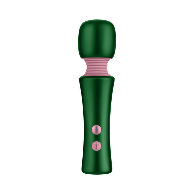 FemmeFunn Bougie Wand Massager Green featuring a sleek design with buttons and a captivating color combination.