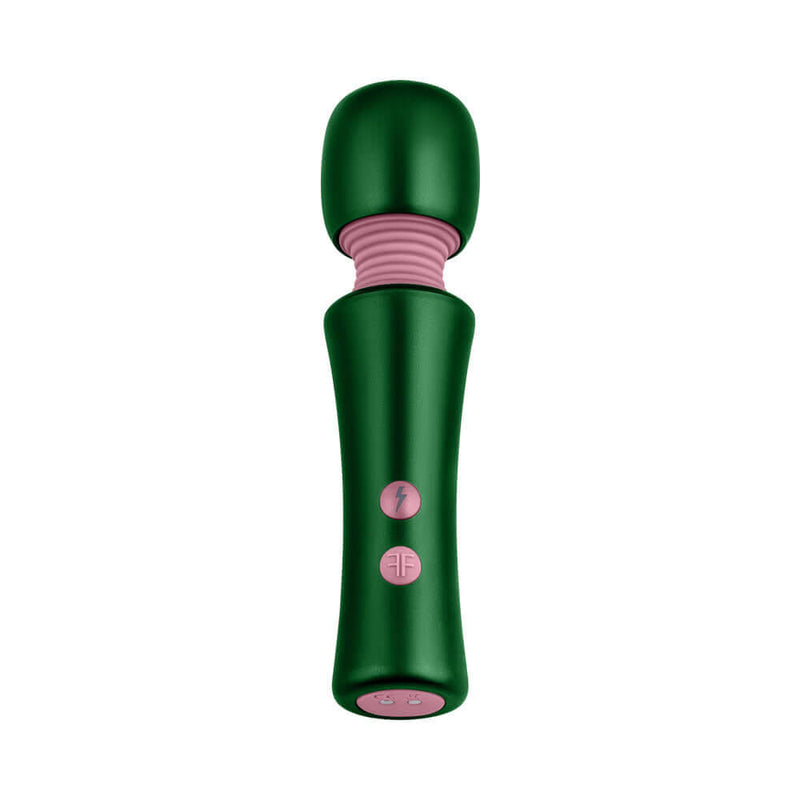 FemmeFunn Bougie Wand Massager Green in metallic green and pink design, featuring controls for elegant pleasure.